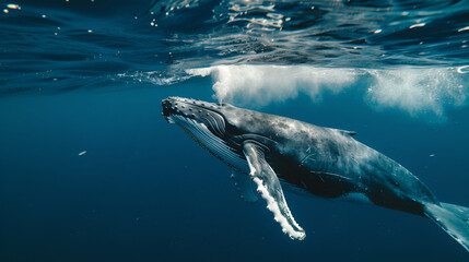 Fototapeta premium A whale swimming from the deep sea to the surface, under the underwater light rays of the sun.ai generative..