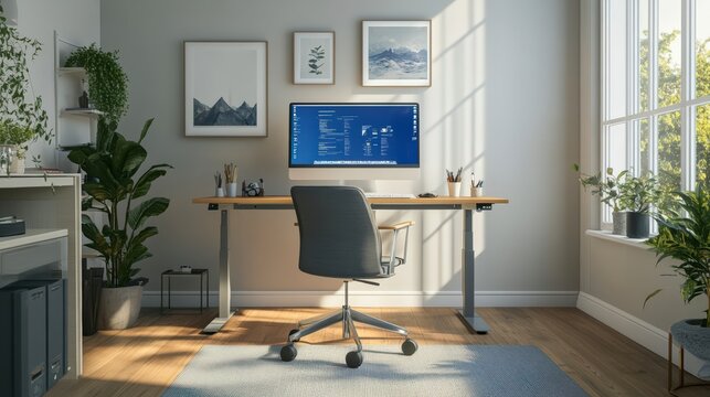 Modern minimalist home office interior with standing desk