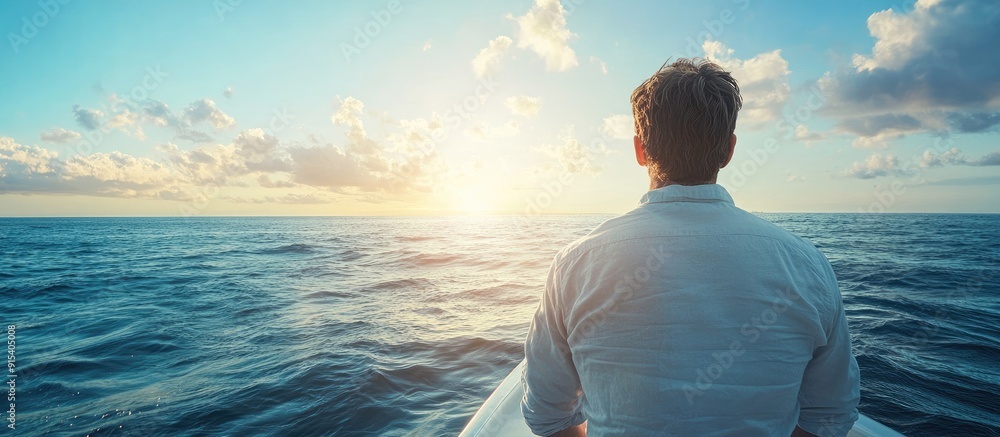 Poster Man gazing at the ocean from a boat The back view of a man at the boat s edge observing the seascape. with copy space image. Place for adding text or design