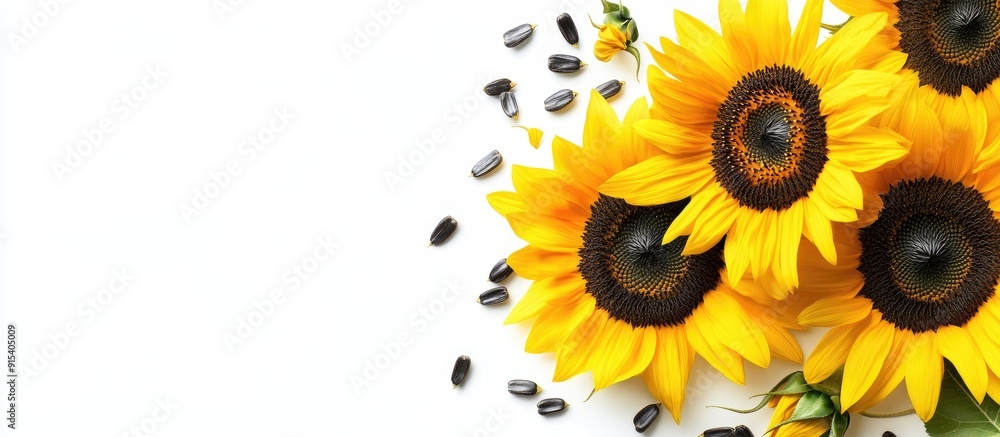 Poster yellow sunflowers and sunflower seeds set against a white backdrop. with copy space image. place for