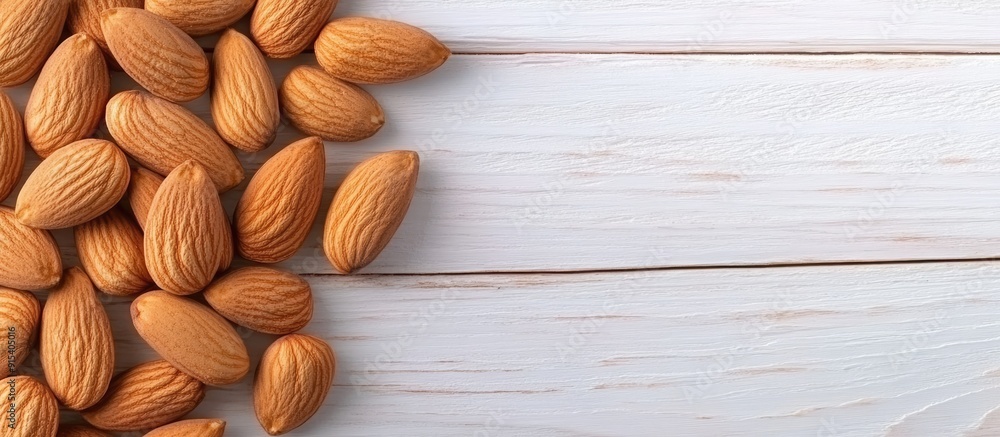 Poster almonds background of a white wooden table. with copy space image. Place for adding text or design