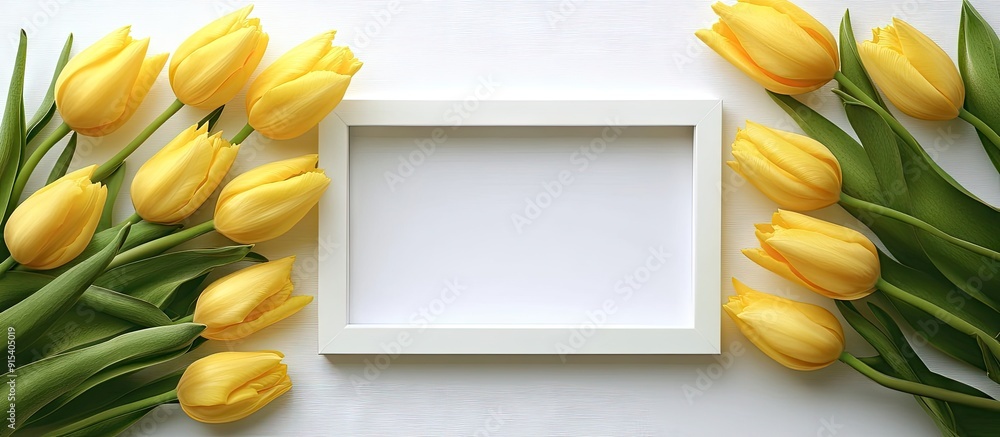 Poster flat lay featuring yellow tulip flowers and an empty picture frame on a white background greeting ca