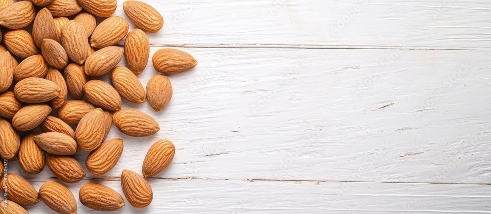 Fototapete almonds background of a white wooden table. with copy space image. place for adding text or design