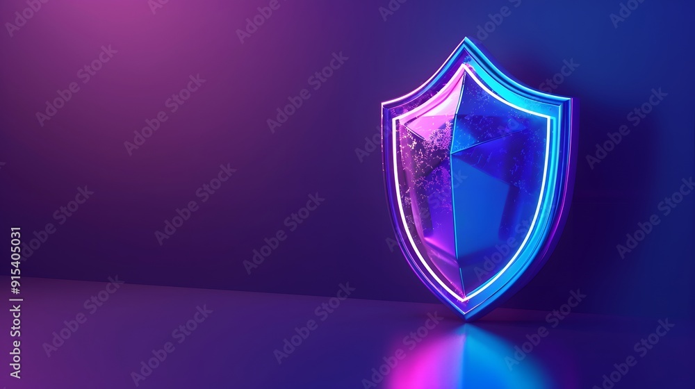 Poster neon shield symbol glowing in dark, representing cyber security and protection concept with vibrant 