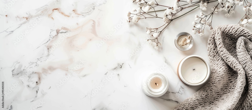 Poster top view of a marble workspace background featuring copy space for product display and girl accessor