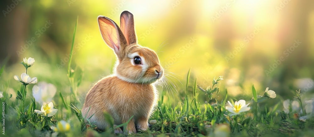 Poster Rabbits Charming art design featuring a cute little Easter Bunny Springtime flowers and green grass. with copy space image. Place for adding text or design