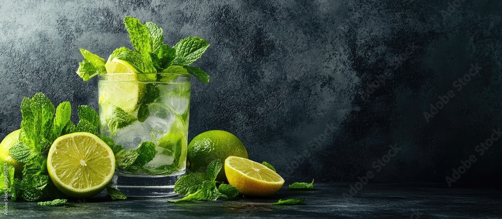 Leinwandbilder mojito cocktail in a tumbler with lime mint and lemon set against a dark concrete background prepare