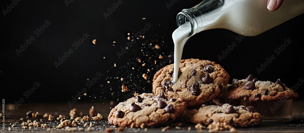 Poster vertical top view of chocolate chip cookies crumbs a spoon and a hand pouring milk from a bottle int