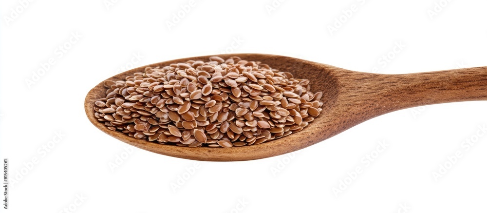 Poster Brown flax seeds Linseed in a wooden spoon close up isolated on a white background. with copy space image. Place for adding text or design
