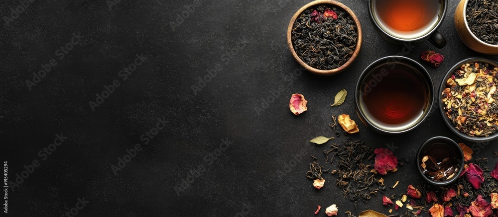 Aufkleber Flat lay arrangement featuring various dry teas and a hot drink on a black table Area for text. with copy space image. Place for adding text or design