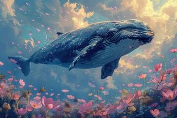 Fototapeta premium Humpback whale swimming through a dreamlike sky filled with clouds and floating pink flowers.