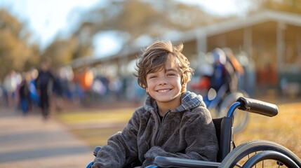 Obraz premium Cute smiling boy in a wheelchair.