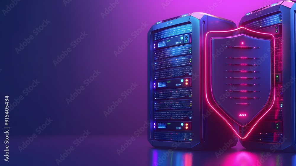 Poster secure data server rack with neon shield icon, representing cyber security protection in a modern da