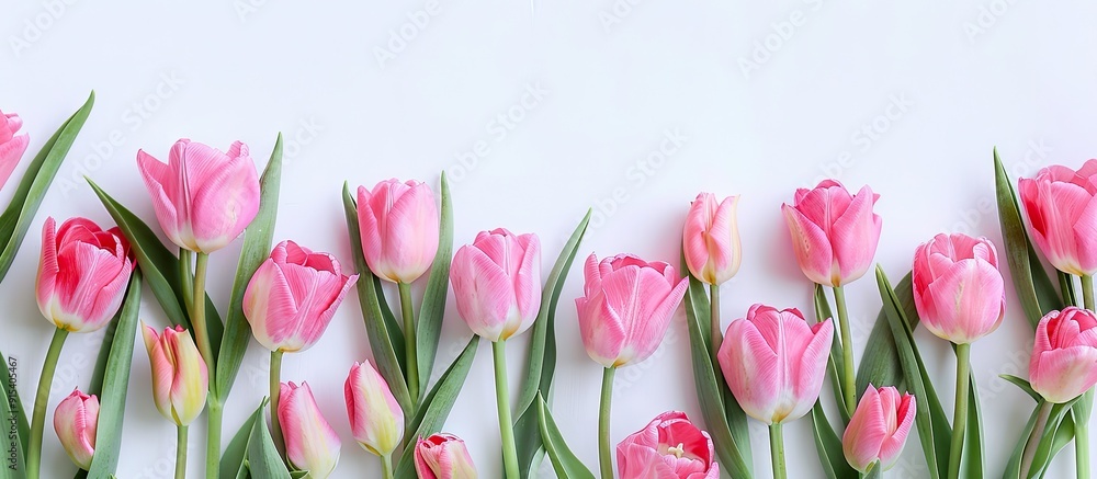 Leinwandbilder flat lay arrangement featuring pink tulips on a white background. with copy space image. place for a