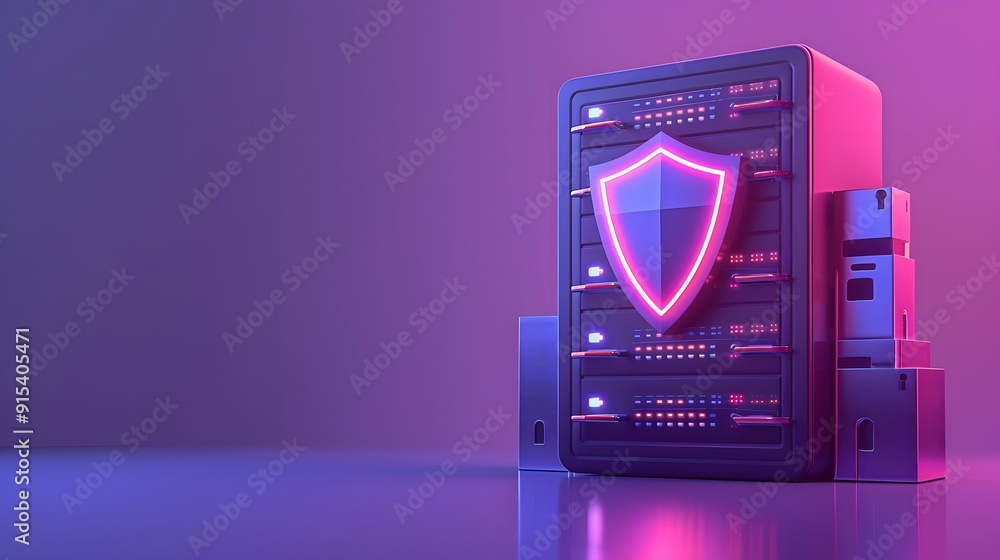 Poster secure data server with glowing shield icon, representing cybersecurity and data protection in a fut
