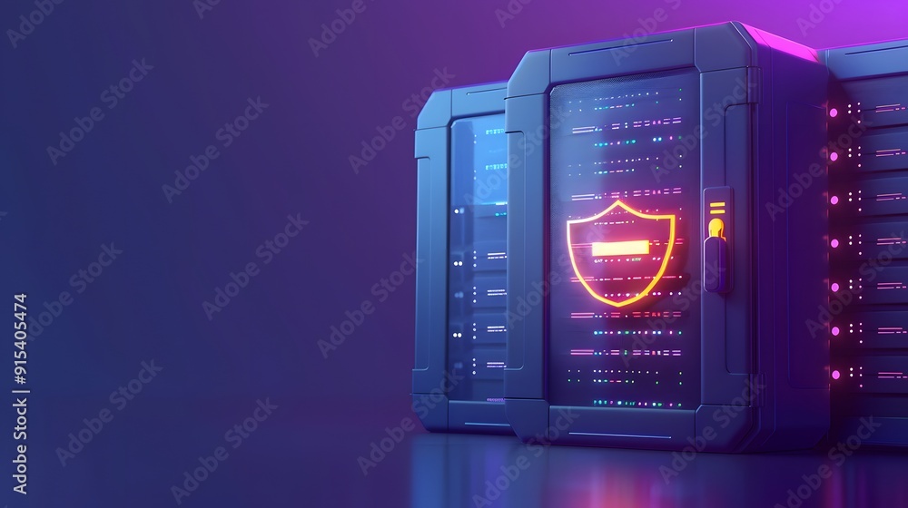 Poster secure data server with glowing shield icon, representing cybersecurity and data protection in a mod