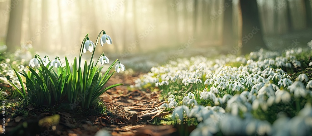 Aufkleber Snowdrop blooms in a spring forest. with copy space image. Place for adding text or design