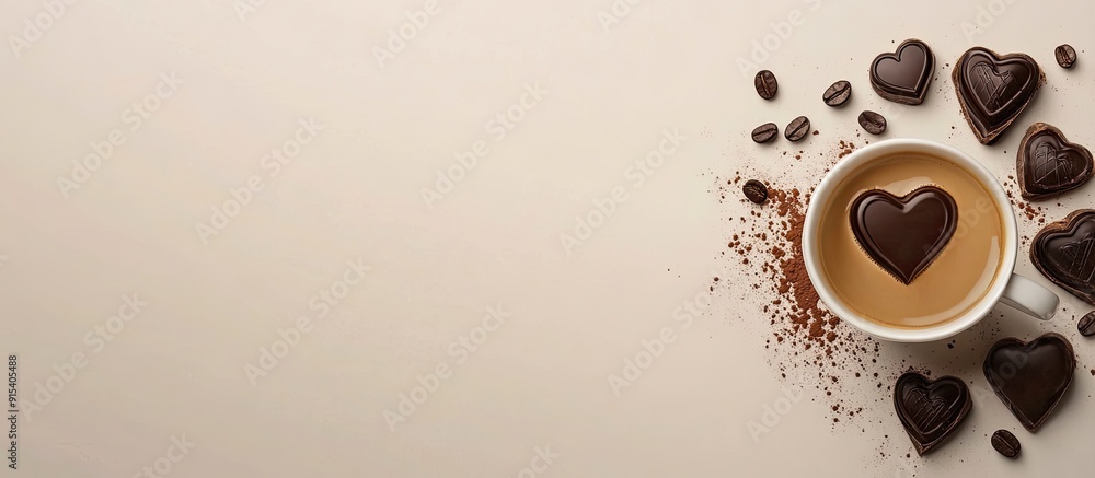 Aufkleber Top view of a chocolate heart and coffee for Valentine s Day. with copy space image. Place for adding text or design