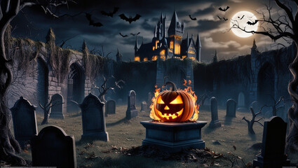  dark and ominous Halloween night scene with a hauntingly lit, Gothic-style castle in the background,generative ai
