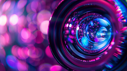 The photo shows a close-up of a camera lens with a blue and red light reflecting off of it. The camera lens is in focus and the background is blurred.ai generative..