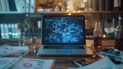 screen of a researcher's laptop is filled with complex code for modeling molecular structures,