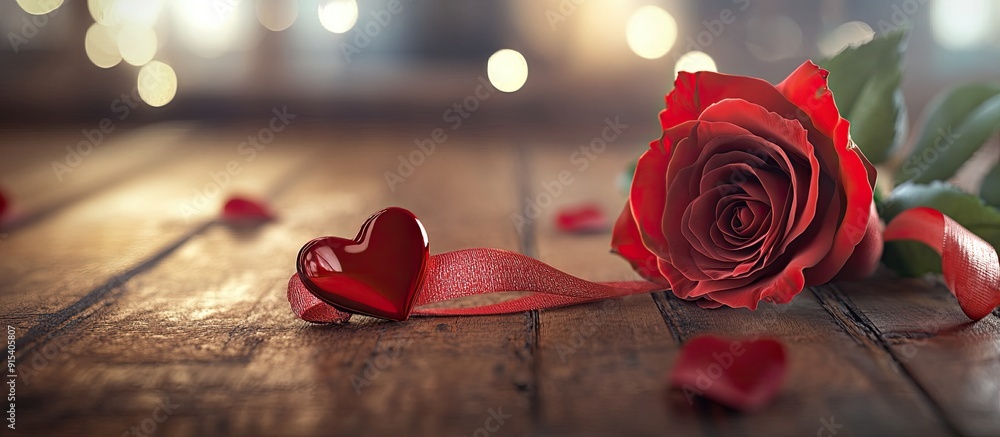 Aufkleber valentine s day sale backdrop featuring a red rose with a ribbon and a heart on a brown wooden table