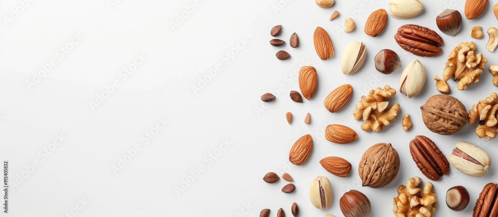 Poster mixed nuts on a white background top view copy space