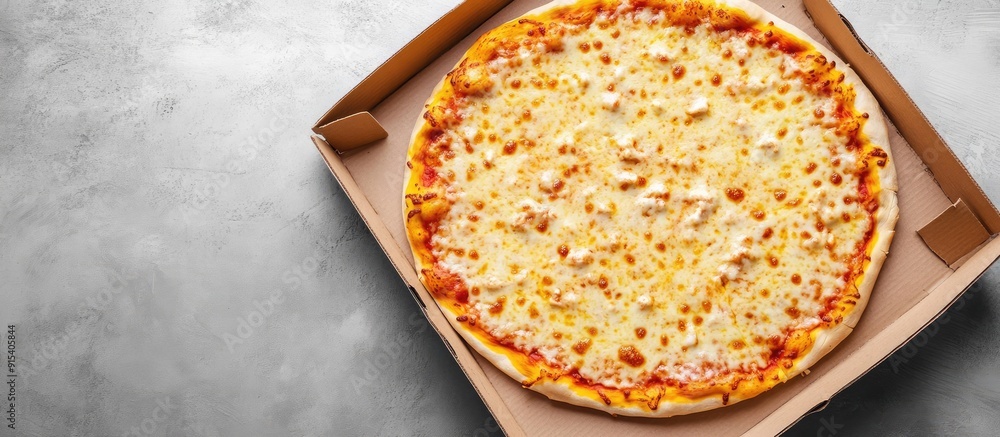 Poster cheese pizza in a carton box on a gray background top view with room for text food delivery service.