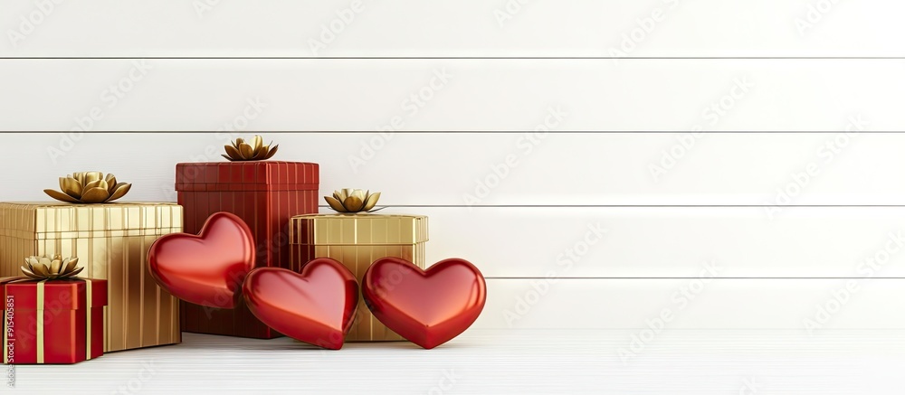 Poster Heart shaped gift boxes arranged on a white wooden table Golden and red gift boxes set against a white background. with copy space image. Place for adding text or design