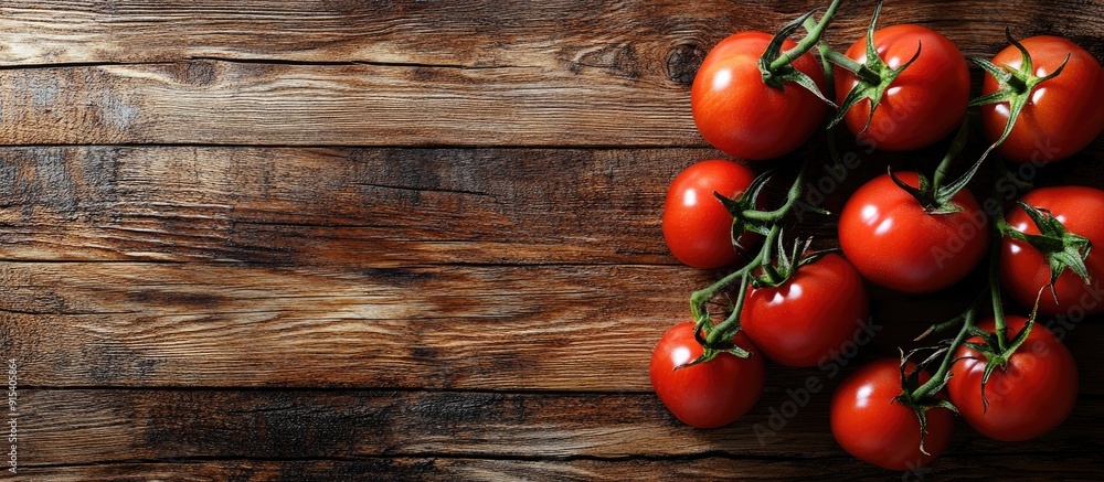 Poster ox heart tomatoes on a rustic wooden background with copyspace for text top view