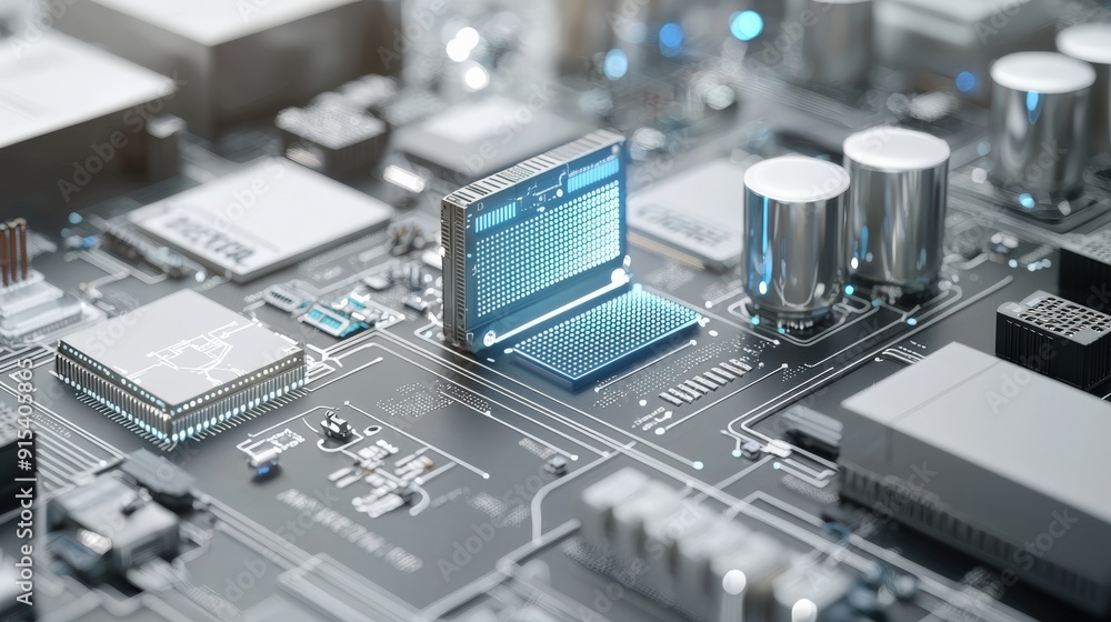 Poster close-up of a microchip, processor, and circuit board with glowing blue lines, illustrating high tec