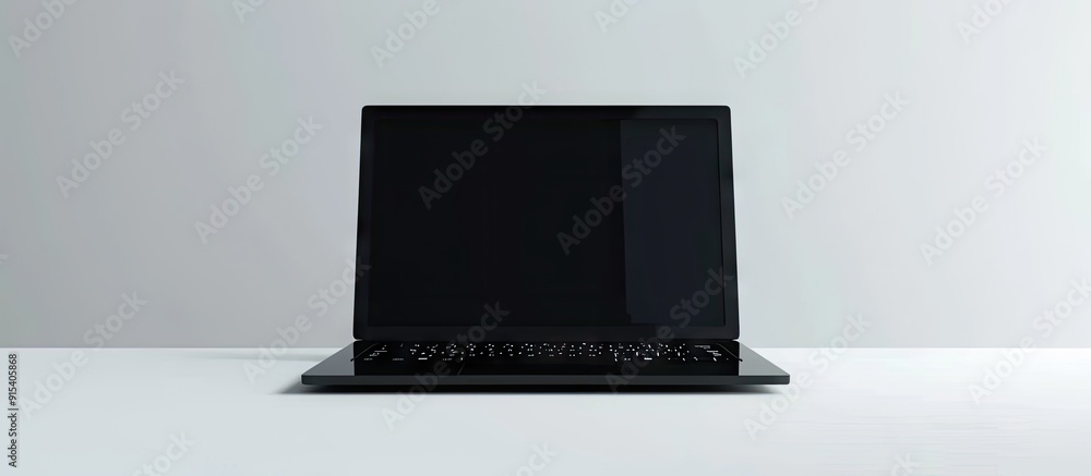 Poster Laptop featuring a black keyboard and a blank screen on a white surface isolated on grey. with copy space image. Place for adding text or design