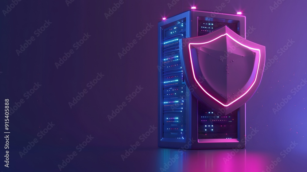 Poster secure server protection with neon shield icon. concept of data security and cybersecurity with a gl