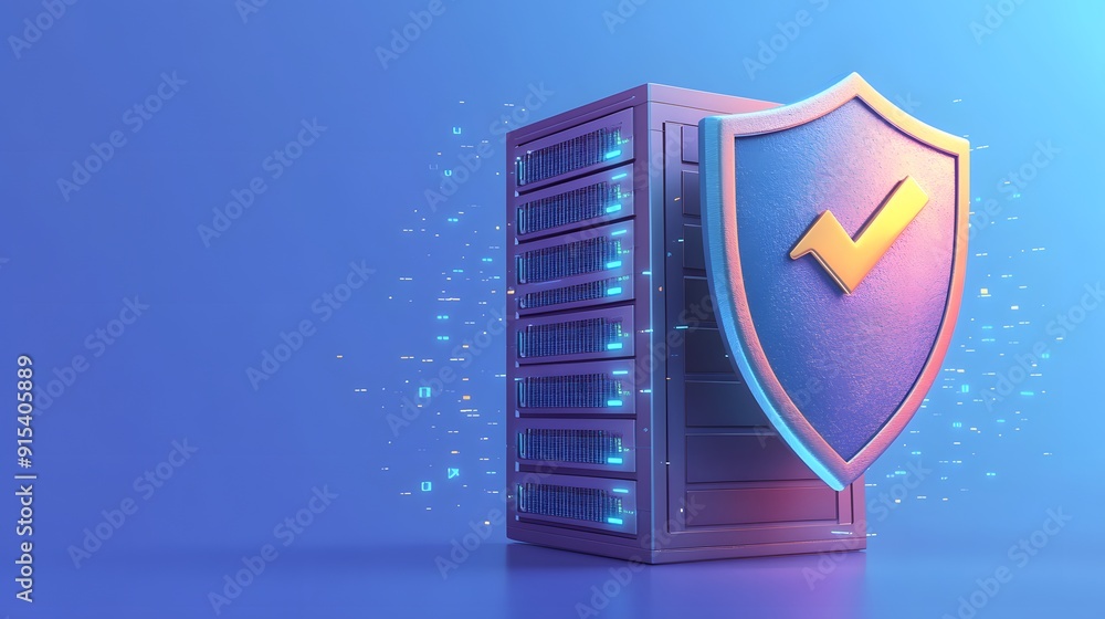 Poster secure server protection concept with shield and check mark against blue background, symbolizing dat