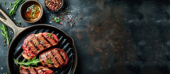Raw steaks and frying pans with seasonings garnishes and ingredients set against a dark rustic background with copyspace
