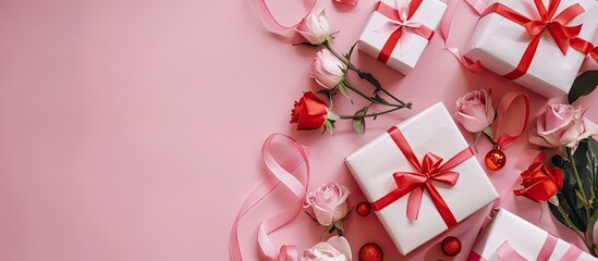 Gifts backgrounds for Valentine s Day and Mother s Day White gift boxes adorned with red ribbons and a rose on a pink backdrop with copy space Holiday promotions best wishes