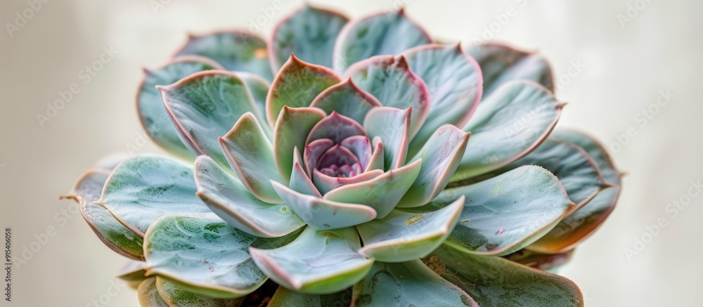 Poster Close up of the succulent plant Echeveria subsesilis variegata in a violet pot against a white background. with copy space image. Place for adding text or design