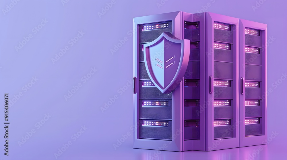 Poster secure server racks with a digital shield representing data security and protection in a purple-them