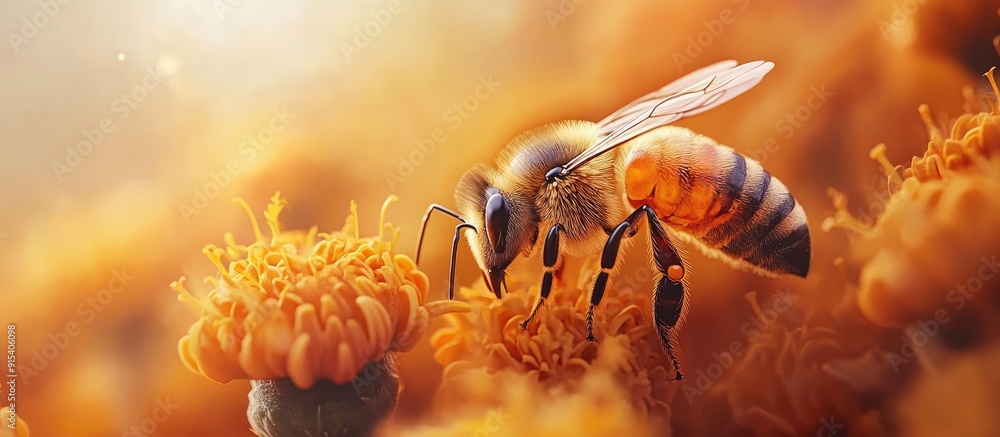 Fototapete a bee on an orange flower gathering pollen and nectar for the hive. with copy space image. place for