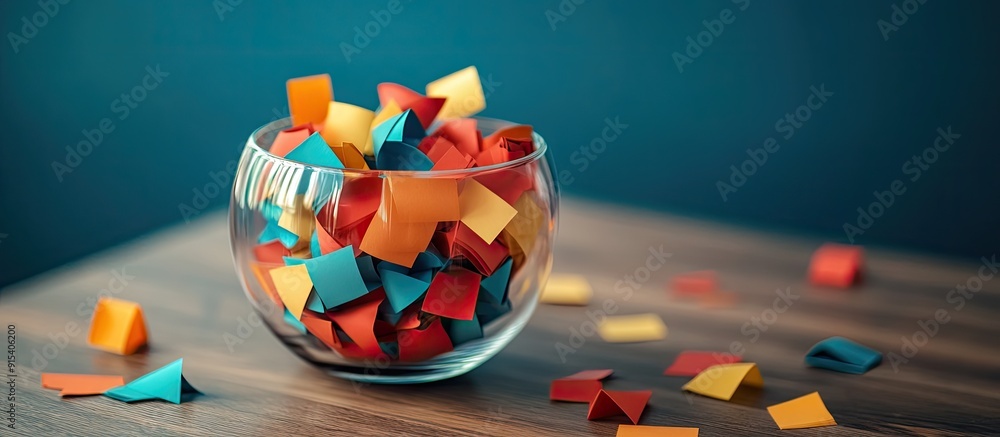 Poster vibrant paper pieces for a lottery are in a glass vase on a wooden table area for text. with copy sp