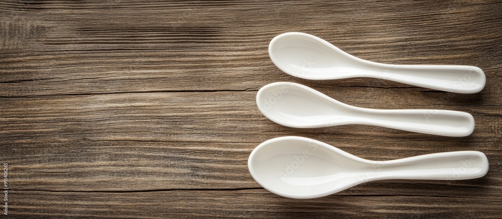 Fototapete Clean empty ceramic appetizer spoons on a wooden background with space for text. with copy space image. Place for adding text or design