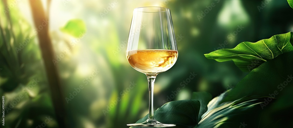 Poster White wine in a glass set against a background of green leaves Area for text. with copy space image. Place for adding text or design