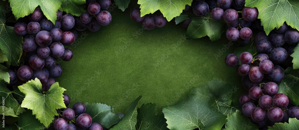 Poster a frame background made up of a bunch of grapes and leaves. with copy space image. place for adding 