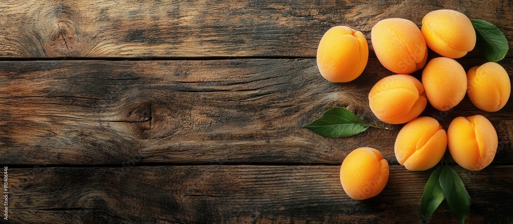 Poster fresh ripe apricots on a wooden table closeup area for text. with copy space image. place for adding