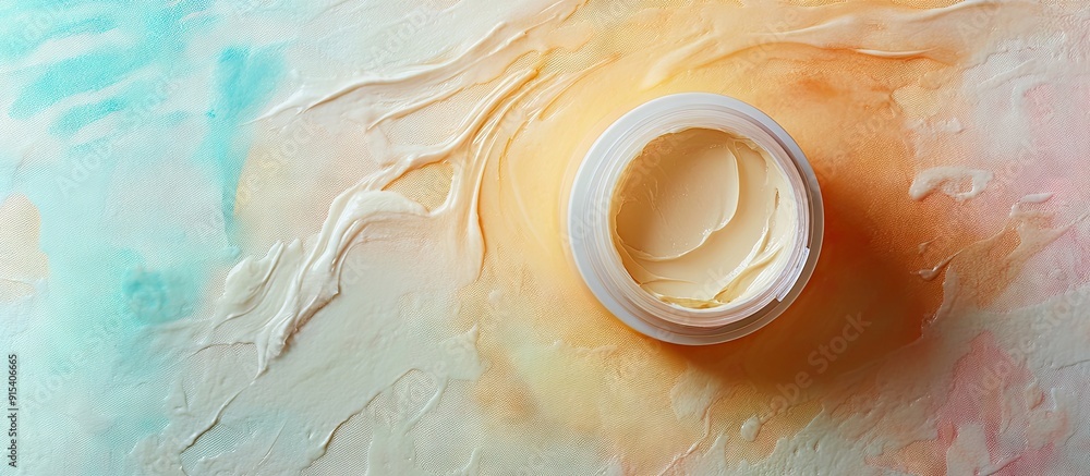 Aufkleber An open cosmetic jar set against a backdrop of smeared cream or a cosmetic face mask Purifying and hydrating clay mask Top view flat lay. with copy space image. Place for adding text or design