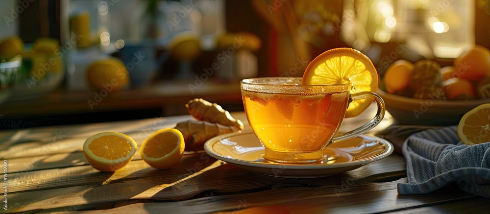 Poster Cup of ginger tea with lemon and honey. with copy space image. Place for adding text or design