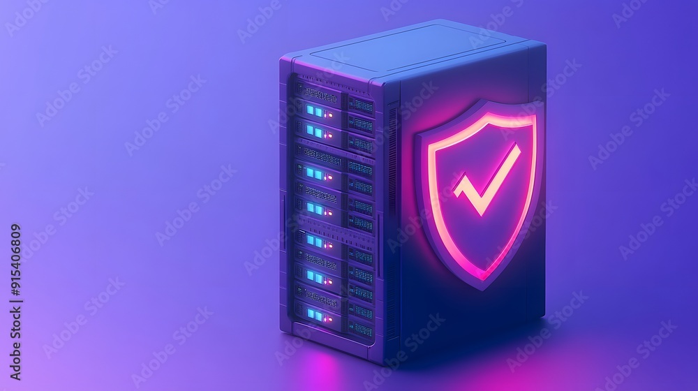 Poster secure server with glowing shield icon representing data protection and cybersecurity in a futuristi