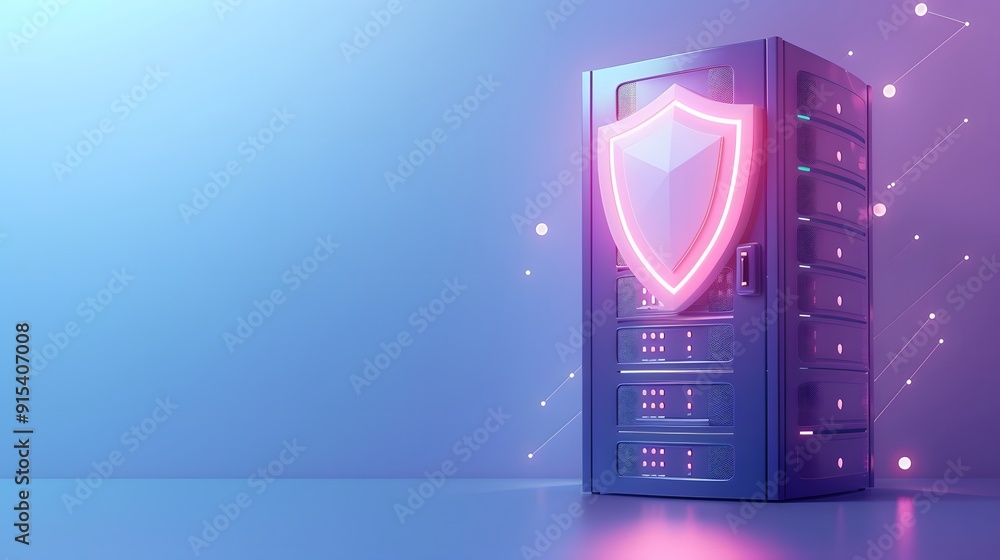 Poster secure server with glowing shield icon symbolizing cybersecurity and data protection. futuristic dig