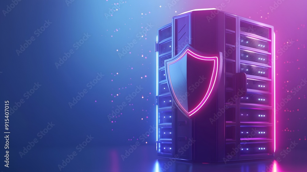 Poster secure server with neon lights and digital shield, representing data protection, cybersecurity, and 