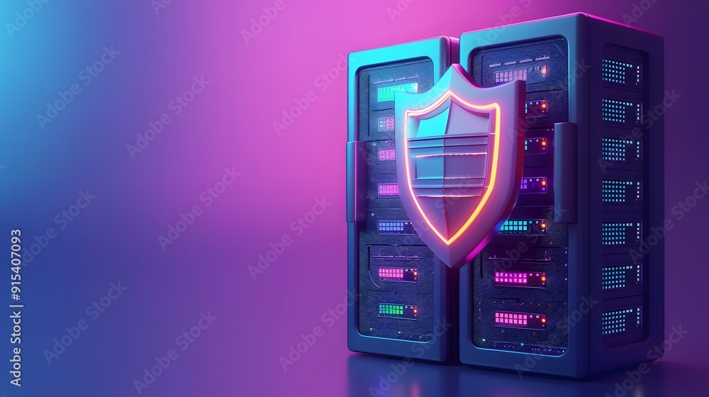 Poster secure server with neon shield symbolizing cybersecurity on gradient background, representing data p